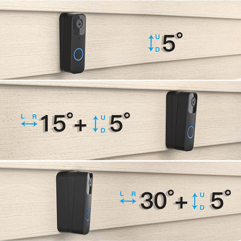 Adjustable Doorbell Angle Mount For Blink 1st Gen And REOLINK WiFi Video Doorbell with 7 tilt options displayed on vinyl siding.