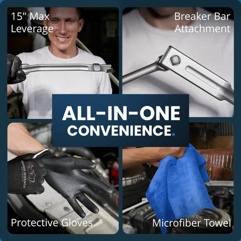 Rhino Wrench Extender Tool Bar For Extra Long Leverage 15 Inch Wrench Extension with non slip gloves and microfiber towel