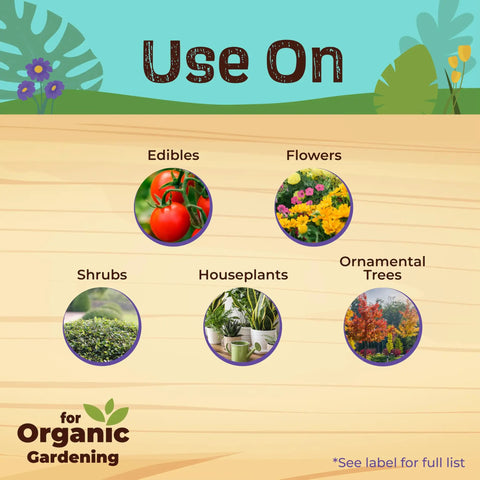 Ready To Use Neem Oil For Plants, 128 Oz, Multi Purpose Fungicide Insecticide And Miticide For Organic Gardening, shown for use on edibles, flowers, shrubs, houseplants, and ornamental trees.