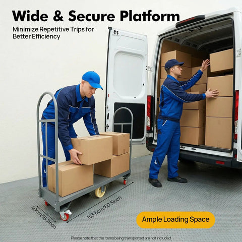 Beefy Heavy Duty 2000 Lb U Boat Cart Platform Truck Dolly For Warehouse Moving And Material Handling, Steel Frame With A 2mm Thick Platform, Durable Utility Cart For Boxes Equipment And Supplies. warehouse loading cart with boxes beside delivery van