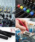 Collage showing electrical setups and 164 Pieces Heat Shrink Tubing Kit For Electrical Insulation, 8 Size Set, Multi Color Shrink Wrap Tubes.