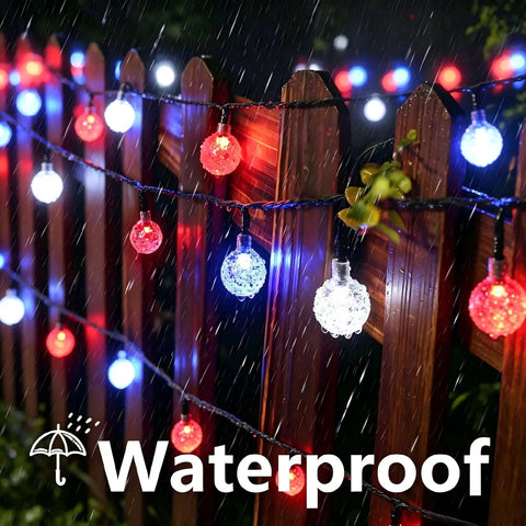 Red White Blue Solar String Lights 39Ft With 60 LEDs Waterproof Patio Lights for Independence Day garden decor in the rain