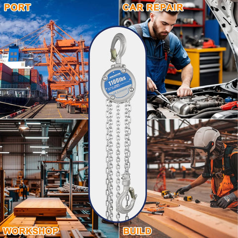 Industrial Mini Manual Chain Hoist With 1100 Lbs Capacity And 10 Foot Lift displayed in various work settings like workshop and port.
