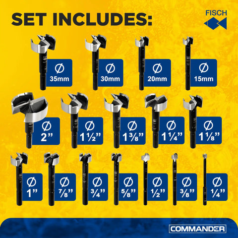 Badass Forstner Drill Bit Set For Woodworking 10 Piece High Speed Steel show sizes 15-35mm on yellow background.