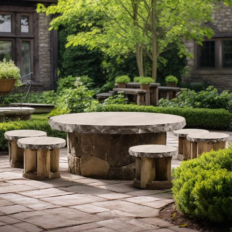 Outdoor patio with stone table and wooden stools in garden setting with lush greenery and cobblestone flooring.