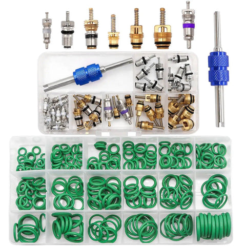 Car AC Repair Kit With 270 O Ring Seals And 40 Valve Core Set Plus Remover Tool For R12 R134a Refrigerant Systems Kit Displayed