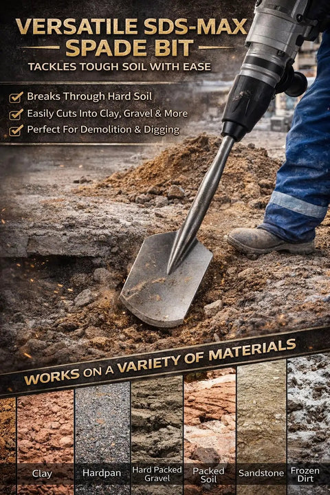 SDS Max Clay Spade Bit 4.5 By 17 Inch Heavy Duty 40CrMo Steel Shovel Bit used on hard-packed gravel surface with rotary hammer.