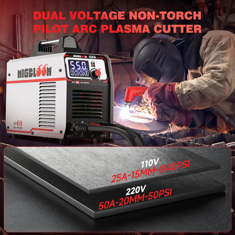 55 Amp Plasma Cutter With Non Touch Pilot Arc Dual Voltage 110V/220V LCD Screen IGBT Inverter shown in metal cutting.
