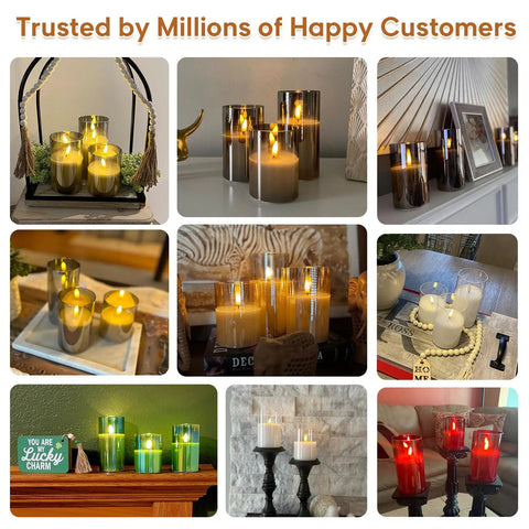 Smoke Grey Glass Flameless Pillar Candles With Remote Control And Flickering LED Battery Candles Set Of 3 in various settings
