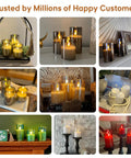 Various settings showcasing Green Glass Flameless Pillar Candles With Remote Control Realistic Flicker Battery Led Candles For Spring Holiday Decor Set Of 3 Long Battery Life For A Cozy Glow With Remote Range Up To 20 Feet.