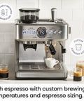 Next Level No Sweat Home Espresso Machine Built Around Conical Burr Grinder Barista Steam Frother on kitchen counter.