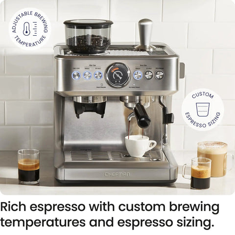Next Level No Sweat Home Espresso Machine Built Around Conical Burr Grinder Barista Steam Frother on kitchen counter.