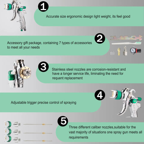 Pro Grade HVLP Spray Gun With Adjustable One Point Four One Point Seven And Two Point Zero Millimeter Tips showing ergonomic design and stainless steel nozzles.