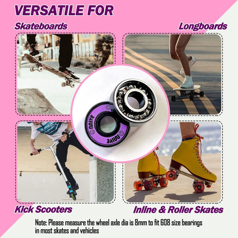 Skateboard Bearings 8mm 8 Pack Pro Grade ABEC 608 Set For Longboards Cruisers Surfskates Inline Skates Quad Roller Skates All Skates Fit 8x22x7mm Neon Purple