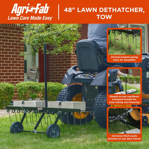 Tow Behind Lawn Dethatcher 48 Inch Wide With 24 Durable Spring Steel Tines attached to lawn tractor, outdoor use