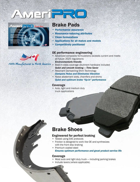 Image of AmeriPRO brake pads and shoes, featuring performance and engineering details, perfect for heavy-duty truck braking.