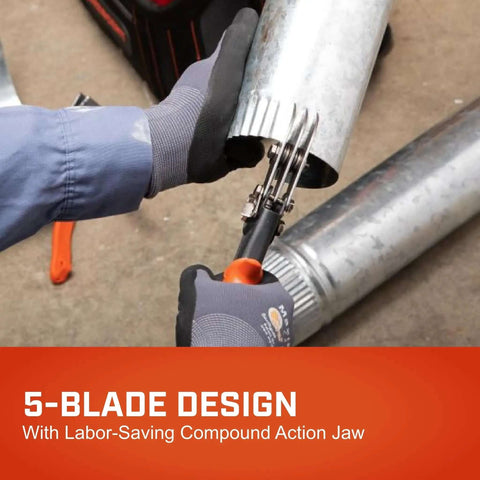 Using 10 Inch 5 Blade Hand Crimper For Gutter Fittings Downspouts And Metal Pipe with Heavy Duty Power Grip and Ergonomic Handle