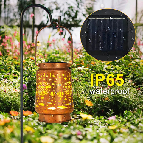 Hot Air Balloon Solar Lanterns For Outdoors Retro Vibe Waterproof Hanging LED Light illuminating garden in bronze with IP65 rating