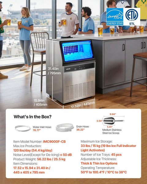 Top Notch Commercial Ice Maker Cranking Out 120 Lbs Daily With Slick Under Counter Design, built-in self cleaning, and stainless steel construction.