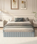 Queen Box Spring With Upholstered Fabric Cover High Profile Heavy Duty Metal Frame Foam Padded Edges in a stylish bedroom setting.
