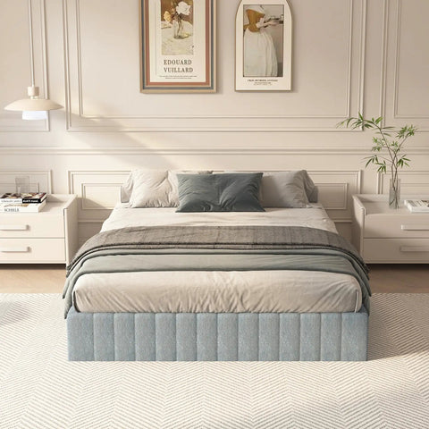 Queen Box Spring With Upholstered Fabric Cover High Profile Heavy Duty Metal Frame Foam Padded Edges in a stylish bedroom setting.