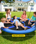 Children enjoying 60 Inch Large Saucer Tree Swing For Kids And Adults With 700 Pound Capacity Heavy Duty Outdoor Yard Swing Seat Made From 900D Oxford Waterproof Fabric Includes Two Hanging Straps Great For Backyard Fun.