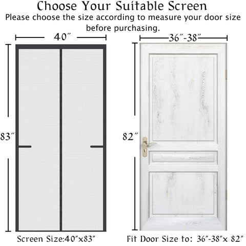 Chart showing door and screen sizes for Upgraded Magnetic Screen Door With Thick 250G/M2 Reinforced Mesh And 36 Heavy Magnets.