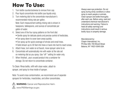 Instructions for using the Select N Spray No Pre Mix Hose End Sprayer With Adjustable Rate Dial, detailing safety and setup steps.