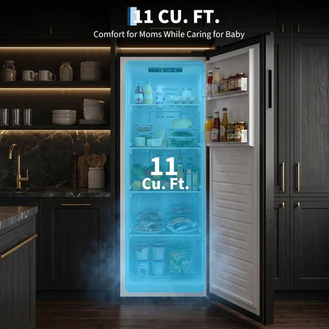 11 Cu Ft Upright Freezer And Stand Up Converter Fridge With Four In One Modes And Frost Free Tech, stocked with food and drinks.