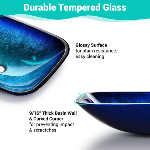 Close-up of Dope Blue Ripple Tempered Glass Vessel Sink With Waterfall Faucet, showing glossy surface and thick glass corner.