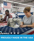 Workers sewing Premium 3X5 Outdoor American Flag Made in USA With Embroidered Stars in factory setting