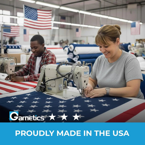 Workers sewing Premium 3X5 Outdoor American Flag Made in USA With Embroidered Stars in factory setting