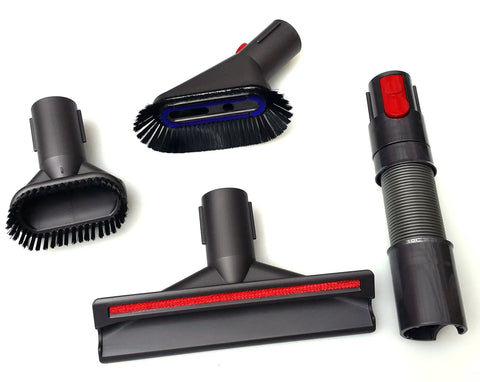 V8 Cordless Vacuum Tool Kit With Mattress Attachment, Soft Dust Brush, Extension Hose, And Stubborn Dirt Brush, shown in 4 pieces