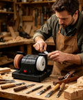 Badass Bench Grinder And Electric Polisher With Lightning Quick Start Motor And Dual Sharpening Discs used by a craftsman in a workshop.
