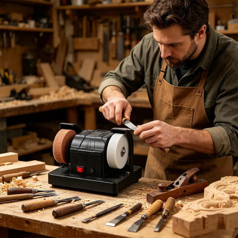 Badass Bench Grinder And Electric Polisher With Lightning Quick Start Motor And Dual Sharpening Discs used by a craftsman in a workshop.