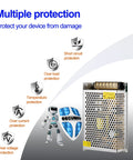 Dual 12V DC Power Supply 120W 10A Switching Adapter showing protection features against common electrical issues