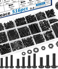516-Piece Black Nuts And Bolts Kit With 21 Sizes M3 To M6 Screws Nuts And Flat Washers, Carbon Steel, Ideal For Machinery