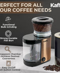 Premium Electric Flat Burr Coffee Grinder Featuring Adjustable Burrs And An Upgraded Quiet Motor For Legit Home Brewers 55 Ounce Copper Hopper close-up with coffee beans and transparent chamber.