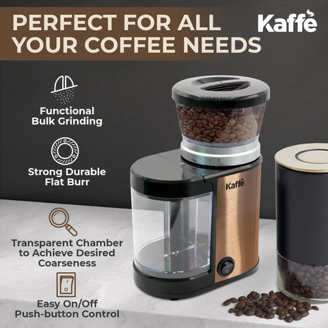 Premium Electric Flat Burr Coffee Grinder Featuring Adjustable Burrs And An Upgraded Quiet Motor For Legit Home Brewers 55 Ounce Copper Hopper close-up with coffee beans and transparent chamber.