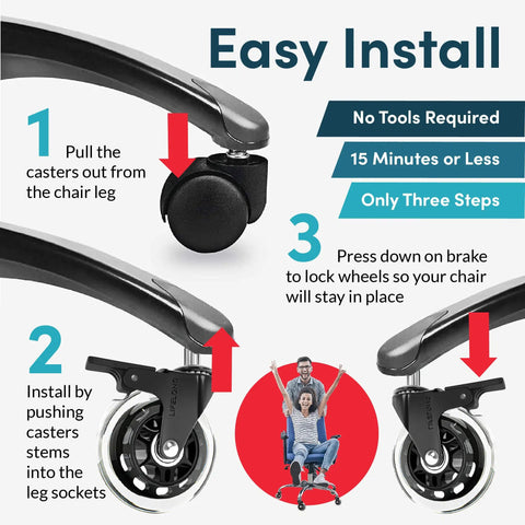 Installation guide for Heavy Duty Office Chair Wheel Replacement 5 Pack Polyurethane Caster Upgrade showing three easy steps.