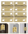 Brass foldable cabinet hinge set with screws; front view showing multiple hinges for kitchen cabinets