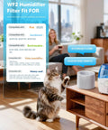 Cat near humidifier with Six Pack Humidifier Filter Replacements For Vicks V3100 V3500 V3600 V3700 V3900 VEV320 displayed.