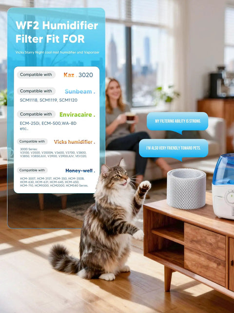 Cat near humidifier with Six Pack Humidifier Filter Replacements For Vicks V3100 V3500 V3600 V3700 V3900 VEV320 displayed.