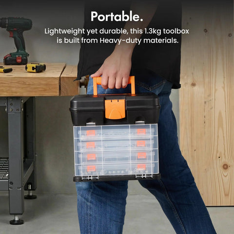 Person holding Versatile Fishing Tackle Storage Box With 4 Removable Trays And Adjustable Dividers A Handy Craft Or Tool Organizer