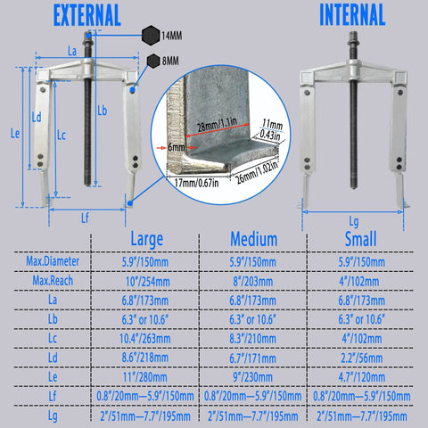 Diagram of 3 In 1 Gear Puller Set With 9 Piece Beefy Heavy Duty Cr V Steel Pro Grade Kit, showing measurements for external and internal use.