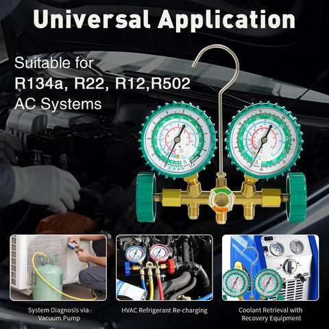 4.5 CFM Vacuum Pump Kit With Brass Manifold Gauge Quick Couplers Can Taps And Valve Core Tool For R134A R12 R22 R502 Refrigerants And DIY Friendly AC Maintenance Garage Ready brass manifold gauge with hoses for HVAC service