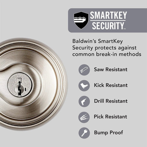 Close-up of satin nickel lock showcasing SmartKey Security features like saw, kick, drill, pick resistance, and bump proof.