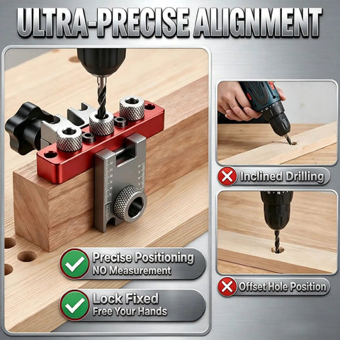 Heavy Duty Self Centering Doweling Jig Kit With Precision Drill Guide For Woodworking Crafts displaying inclined drilling setup.