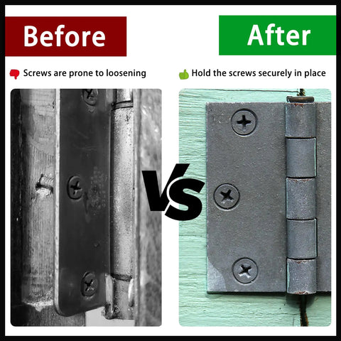 Before and after use of 15 Piece Wood Anchor Hole Repair Kit Set For Doors And Drywall Stripped Screw Hole Fix Easy Install
