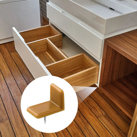 Top Shelf Furniture Hardware Pack Including Thirty Heavy Duty Plastic Drawer Stops For Dresser Repairs Square And L Shaped Cabinet Gliders Zero Hassle Setup with drawer and glider detail.